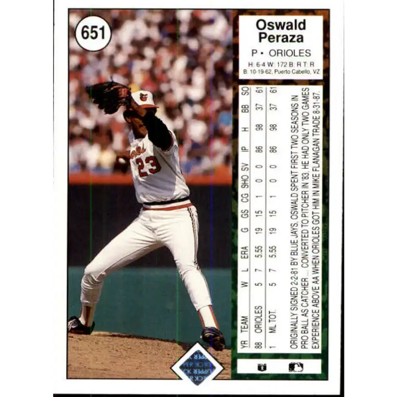 1989 Upper Deck #651 Oswaldo Peraza NM-MT Baltimore Orioles Baseball Card - Baseball Card Single