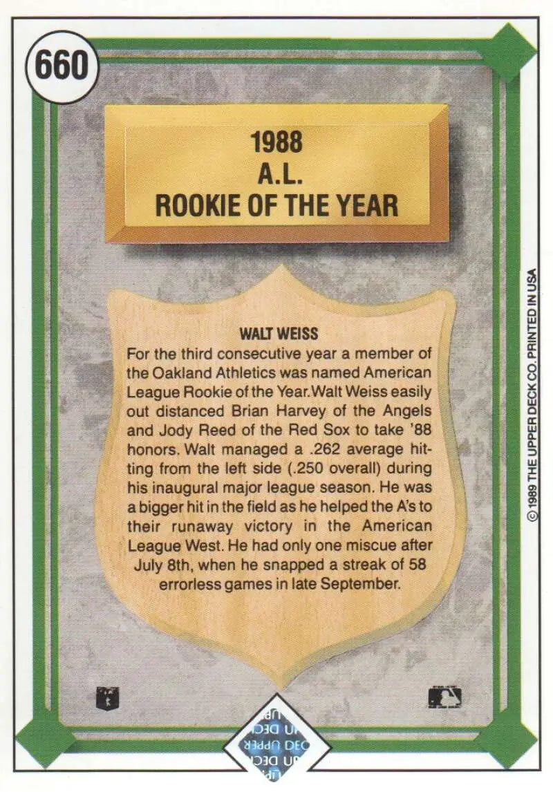 1989 Upper Deck #660 Walt Weiss NM-MT Oakland Athletics Baseball Card - Baseball Card Single
