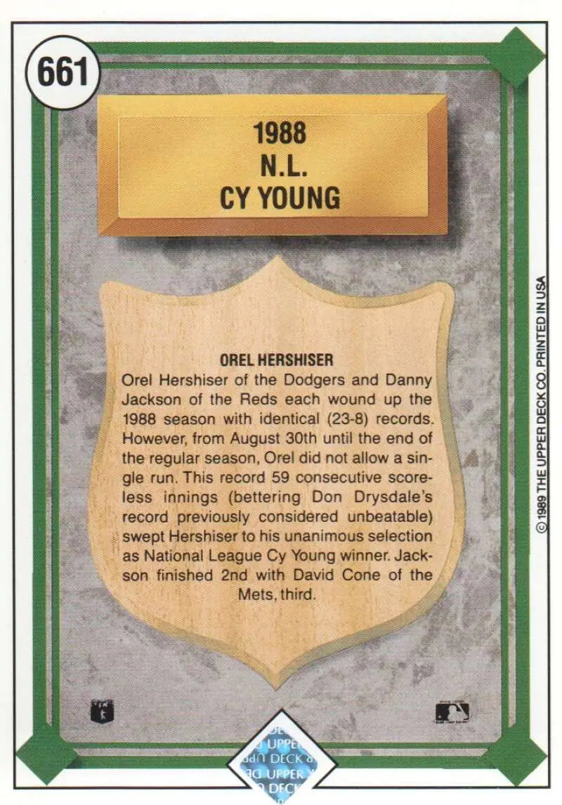 1989 Upper Deck #661 Orel Hershiser NM-MT Los Angeles Dodgers Baseball Card - Baseball Card Single
