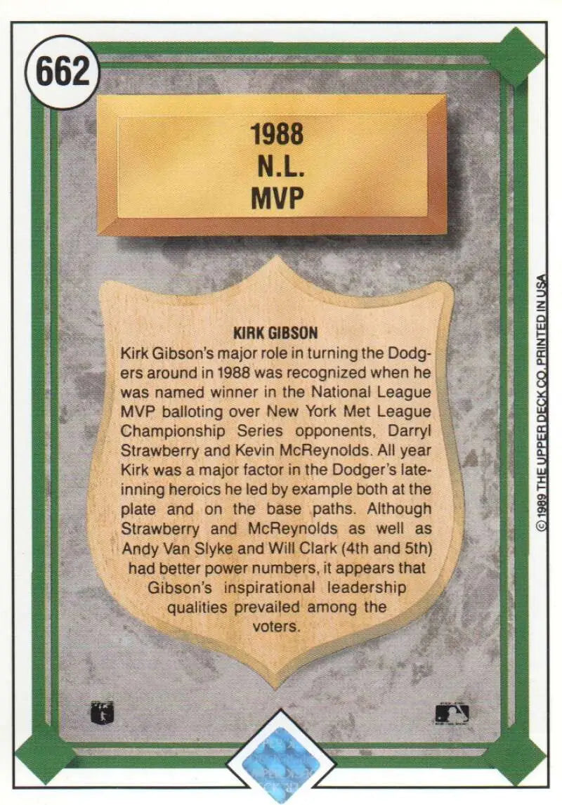1989 Upper Deck #662 Kirk Gibson NM-MT Los Angeles Dodgers Baseball Card - Baseball Card Single