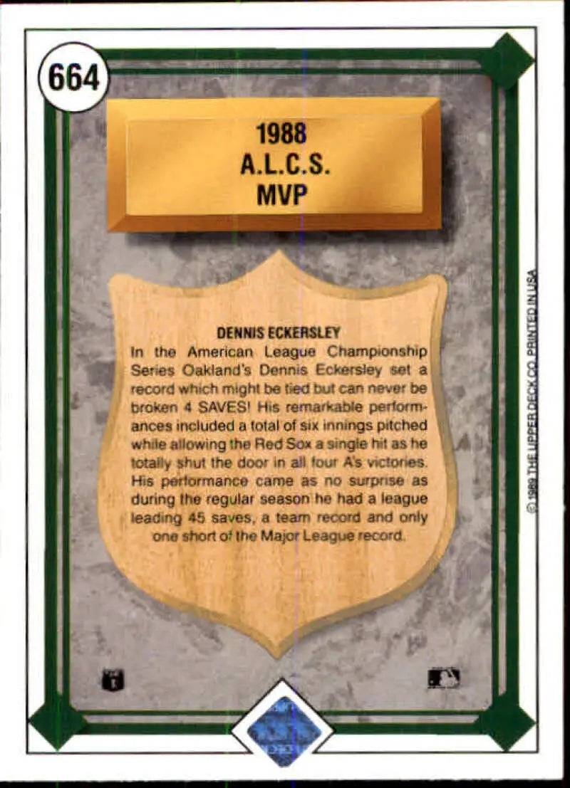 1989 Upper Deck #664 Dennis Eckersley NM-MT Oakland Athletics Baseball Card - Baseball Card Single
