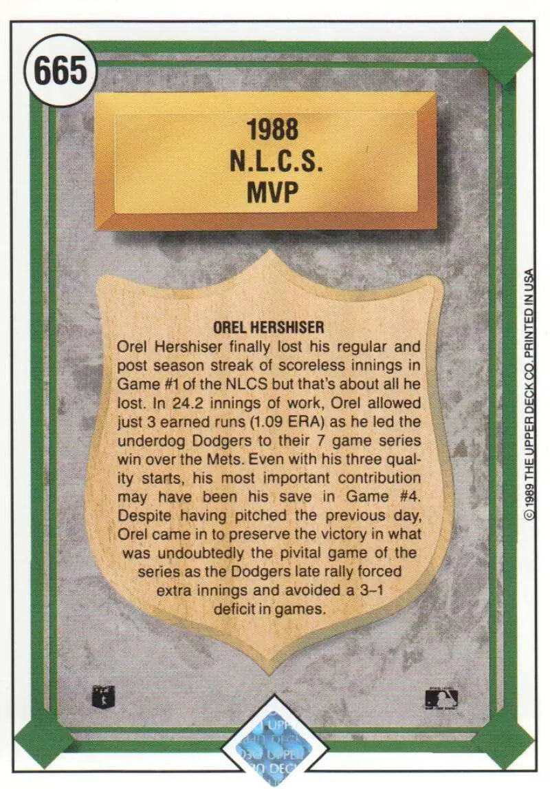 1989 Upper Deck #665 Orel Hershiser NM-MT Los Angeles Dodgers Baseball Card - Baseball Card Single