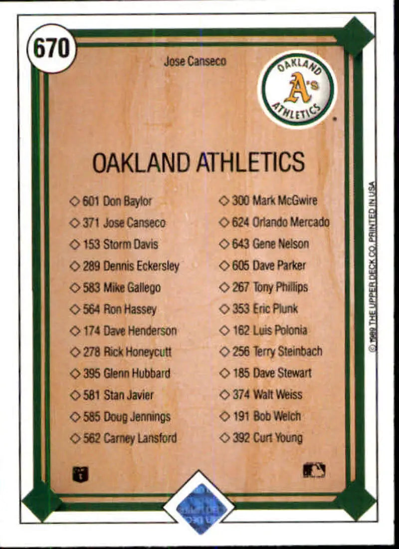 1989 Upper Deck #670 Jose Canseco NM-MT Oakland Athletics Baseball Card - Baseball Card Single