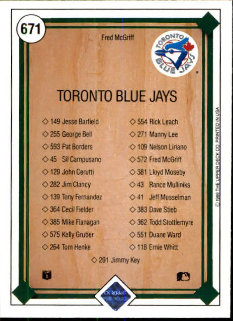 1989 Upper Deck #671 Fred McGriff NM-MT Toronto Blue Jays Baseball Card - Baseball Card Single