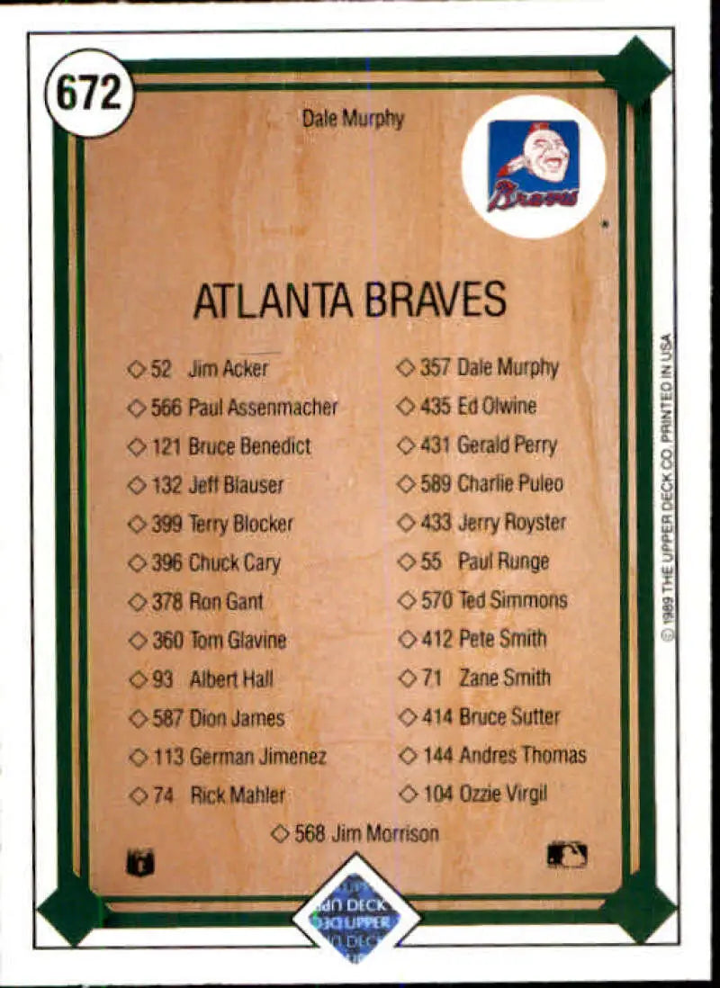 1989 Upper Deck #672 Dale Murphy NM-MT Atlanta Braves Baseball Card - Baseball Card Single