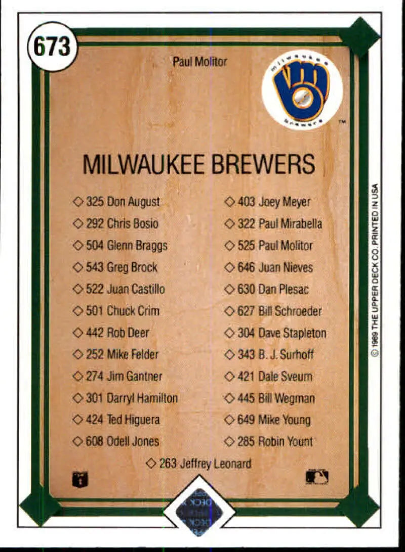1989 Upper Deck #673 Paul Molitor NM-MT Milwaukee Brewers Baseball Card - Baseball Card Single
