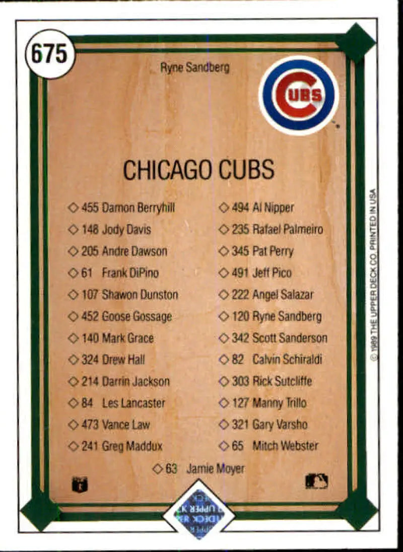 1989 Upper Deck #675 Ryne Sandberg NM-MT Chicago Cubs Baseball Card - Baseball Card Single