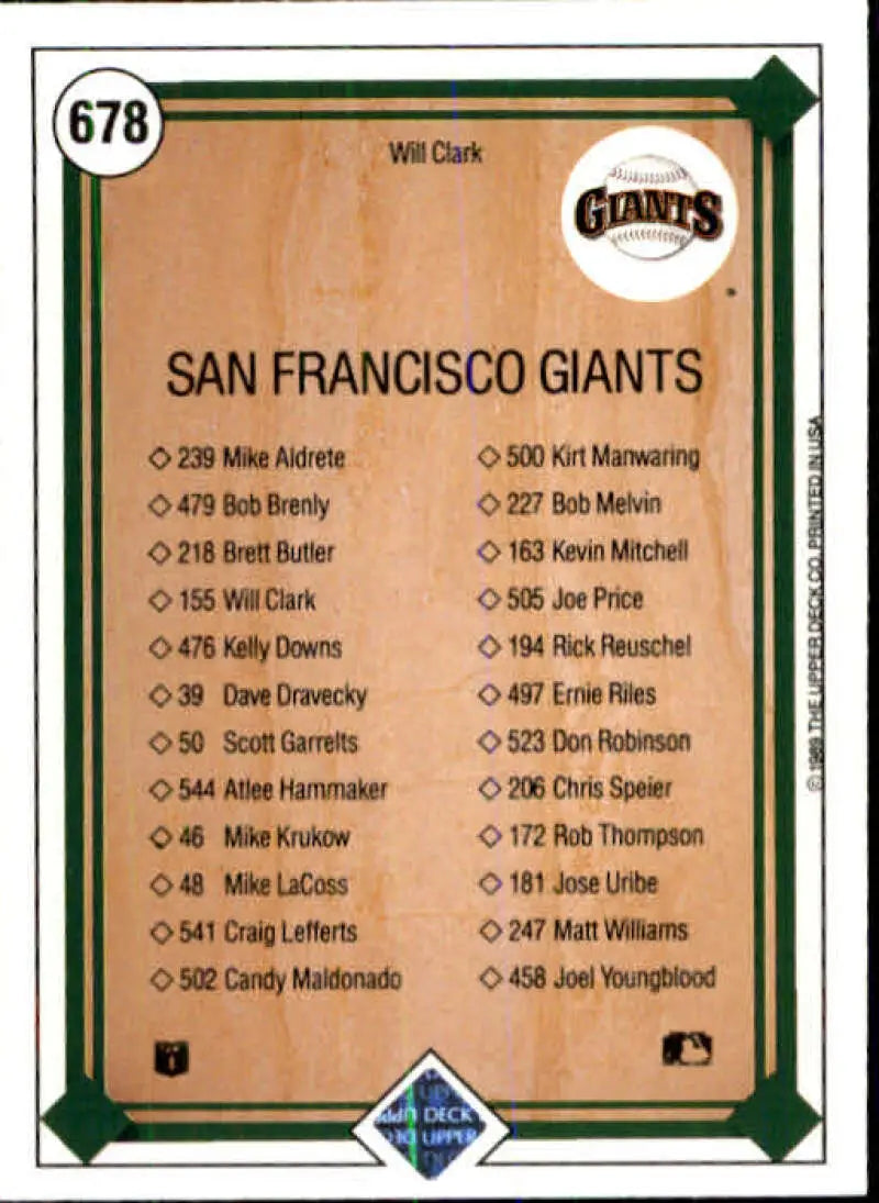 1989 Upper Deck #678 Will Clark NM-MT San Francisco Giants Baseball Card - Baseball Card Single