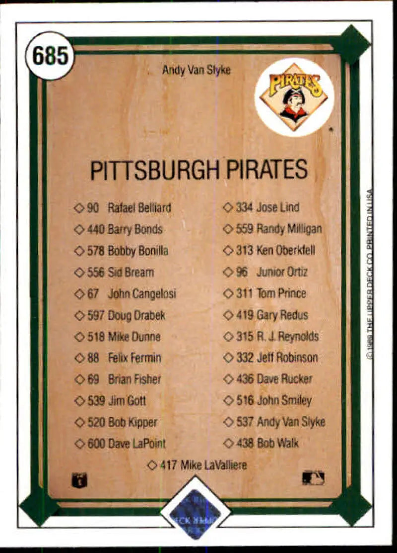 1989 Upper Deck #685 Andy Van Slyke NM-MT Pittsburgh Pirates Baseball Card - Baseball Card Single