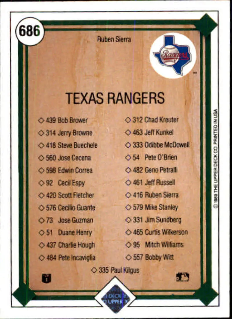 1989 Upper Deck #686 Ruben Sierra NM-MT Texas Rangers Baseball Card - Baseball Card Single