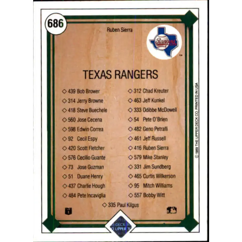 1989 Upper Deck #686 Ruben Sierra TC NM-MT Texas Rangers Baseball Card - Baseball Card Single