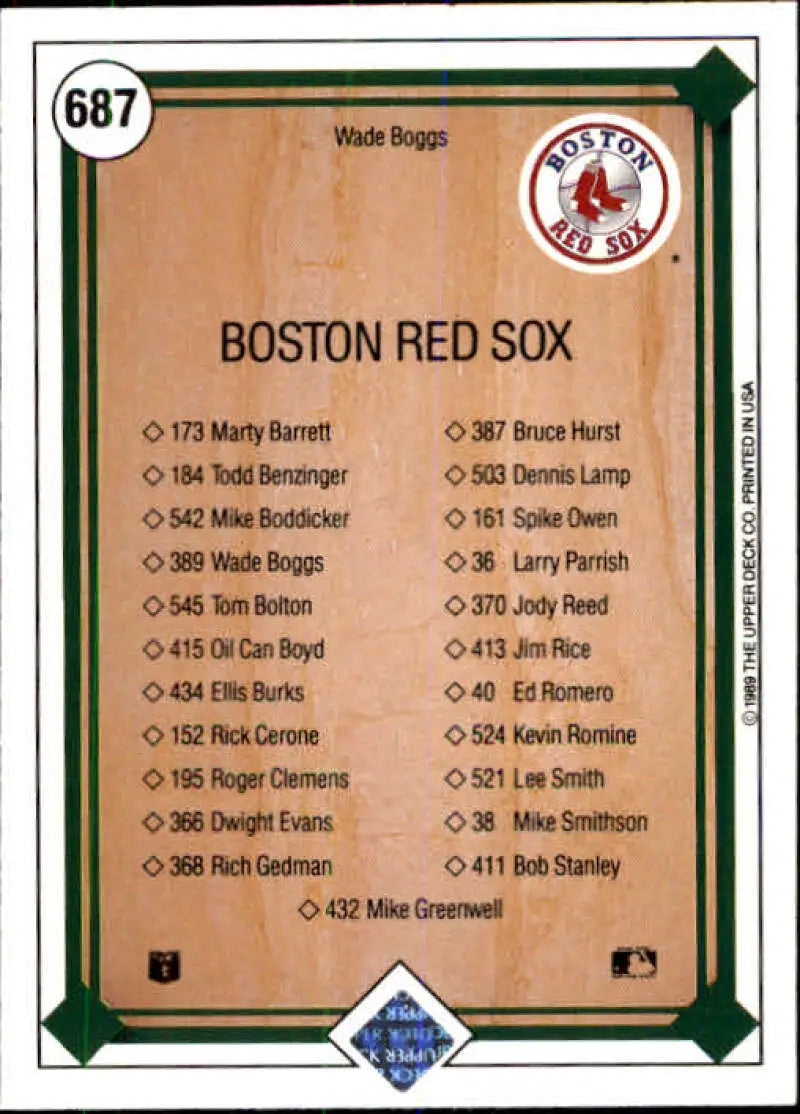 1989 Upper Deck #687 Wade Boggs NM-MT Boston Red Sox Baseball Card - Baseball Card Single