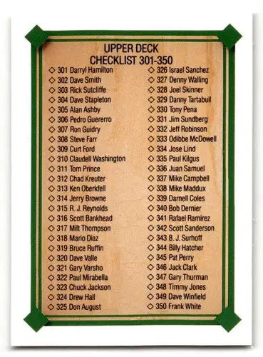 Upper Deck 1989 Baseball Card Checklist for UER Baseball Cards with Original Gloss