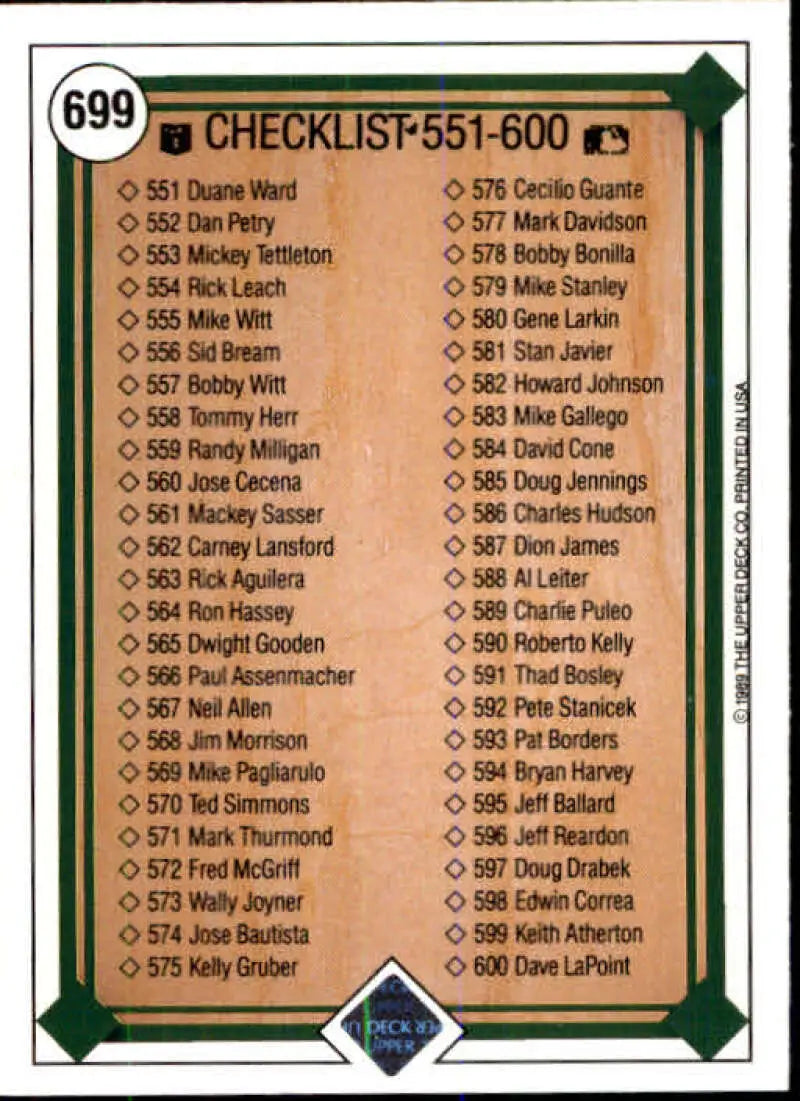1989 Upper Deck #699 Checklist 501-600 NM-MT Checklist Baseball Card - Baseball Card Single
