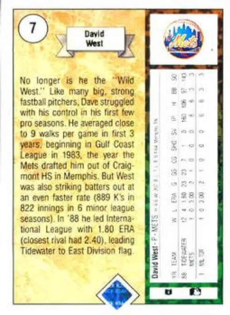 1989 Upper Deck #7 David West NM-MT RC Rookie New York Mets Baseball Card - Baseball Card Single