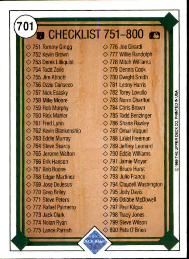 1989 Upper Deck #701 Checklist 701-800 NM-MT Checklist Baseball Card - Baseball Card Single