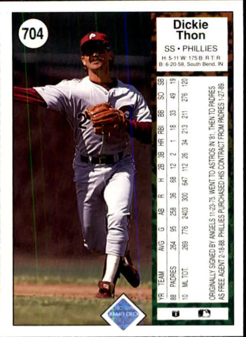 1989 Upper Deck #704 Dickie Thon NM-MT Philadelphia Phillies Baseball Card - Baseball Card Single