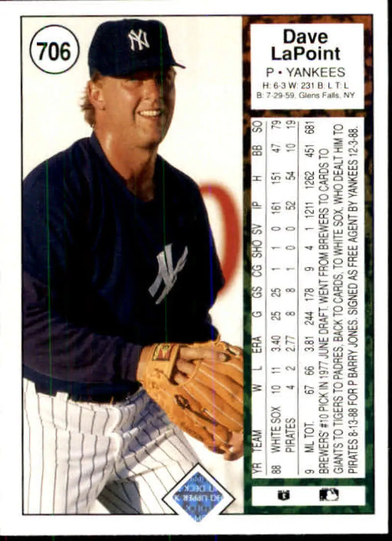 1989 Upper Deck #706 Dave LaPoint NM-MT New York Yankees Baseball Card - Baseball Card Single