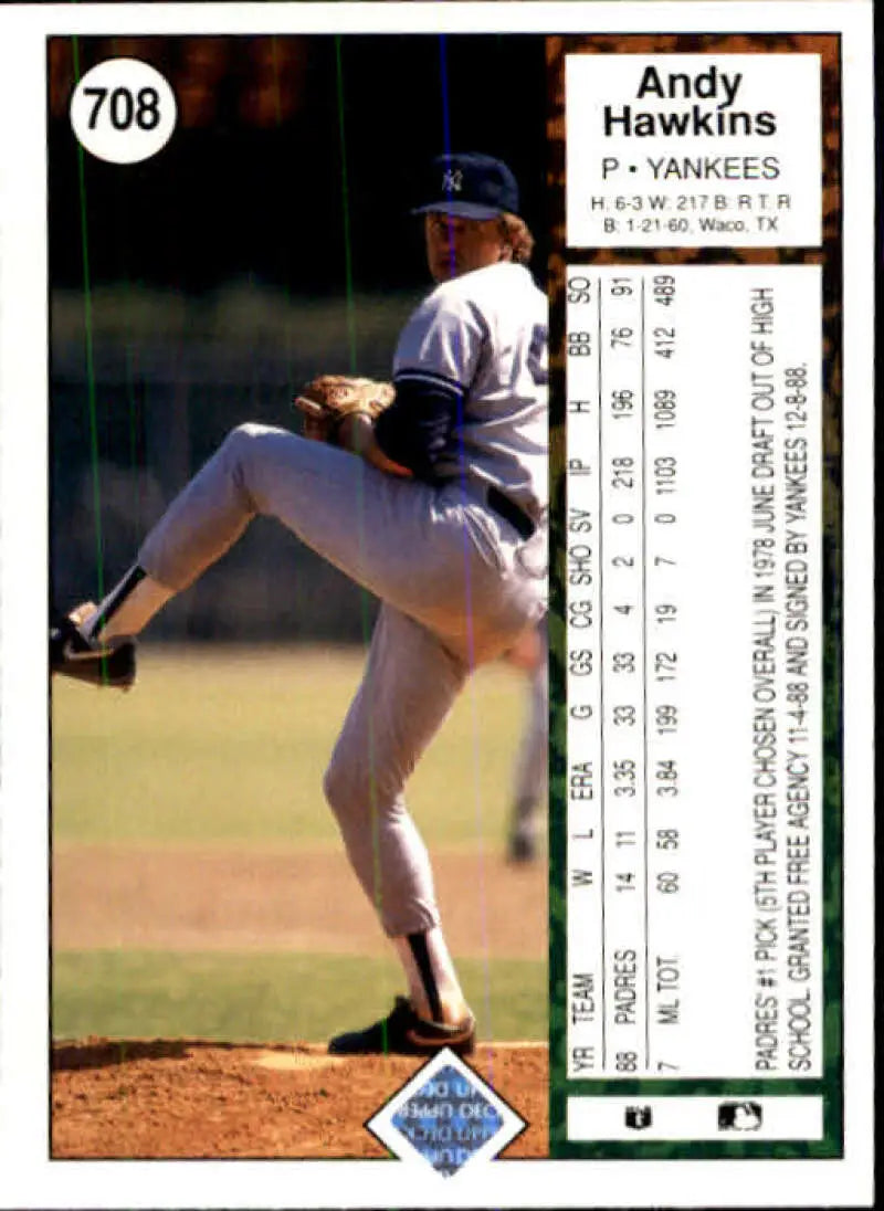 1989 Upper Deck #708 Andy Hawkins NM-MT New York Yankees Baseball Card - Baseball Card Single