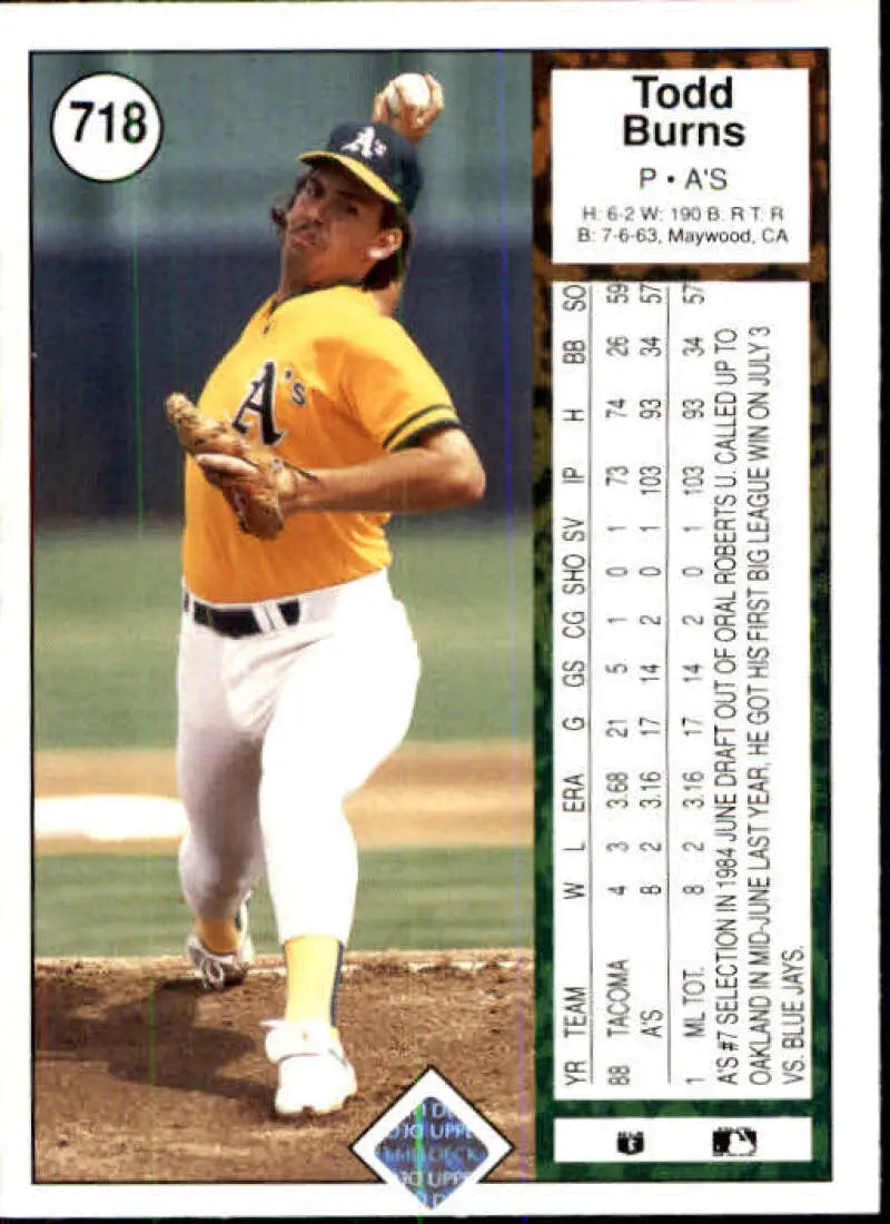 1989 Upper Deck #718 Todd Burns NM-MT RC Rookie Oakland Athletics Baseball Card - Baseball Card Single