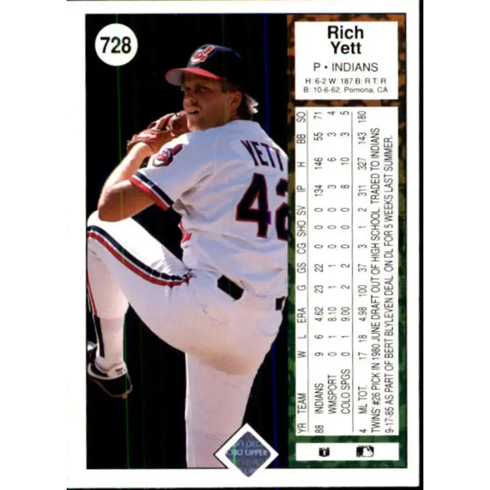 1989 Upper Deck #728 Rich Yett NM-MT Cleveland Indians Baseball Card - Baseball Card Single
