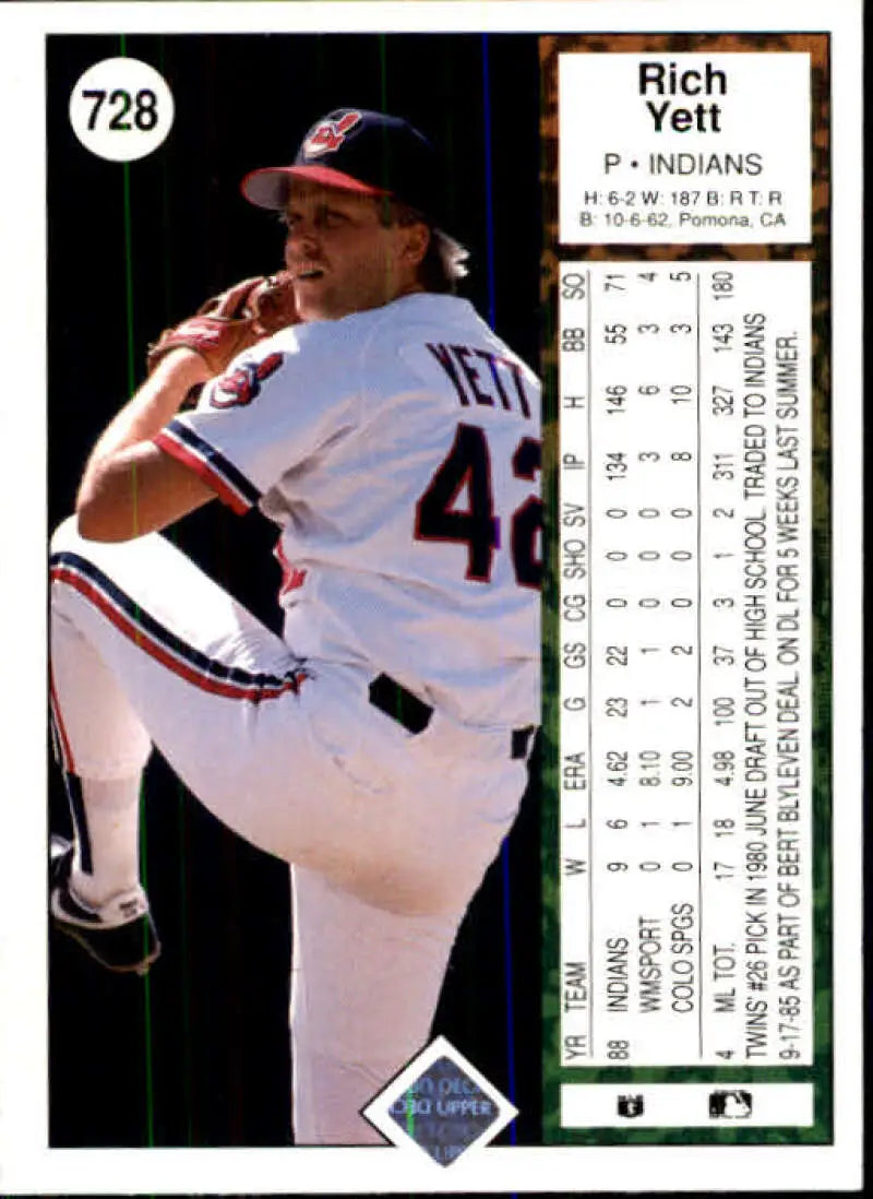 1989 Upper Deck #728 Rich Yett NM-MT Cleveland Indians Baseball Card - Baseball Card Single