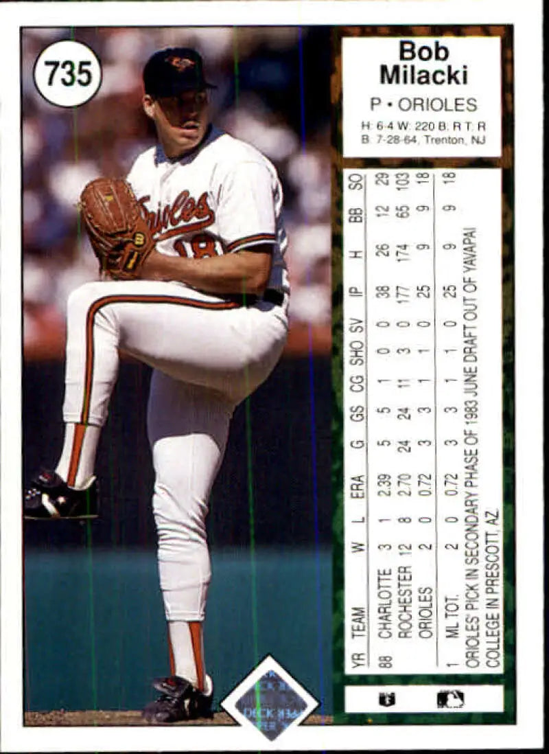 1989 Upper Deck #735 Bob Milacki NM-MT RC Rookie Baltimore Orioles Baseball Card - Baseball Card Single
