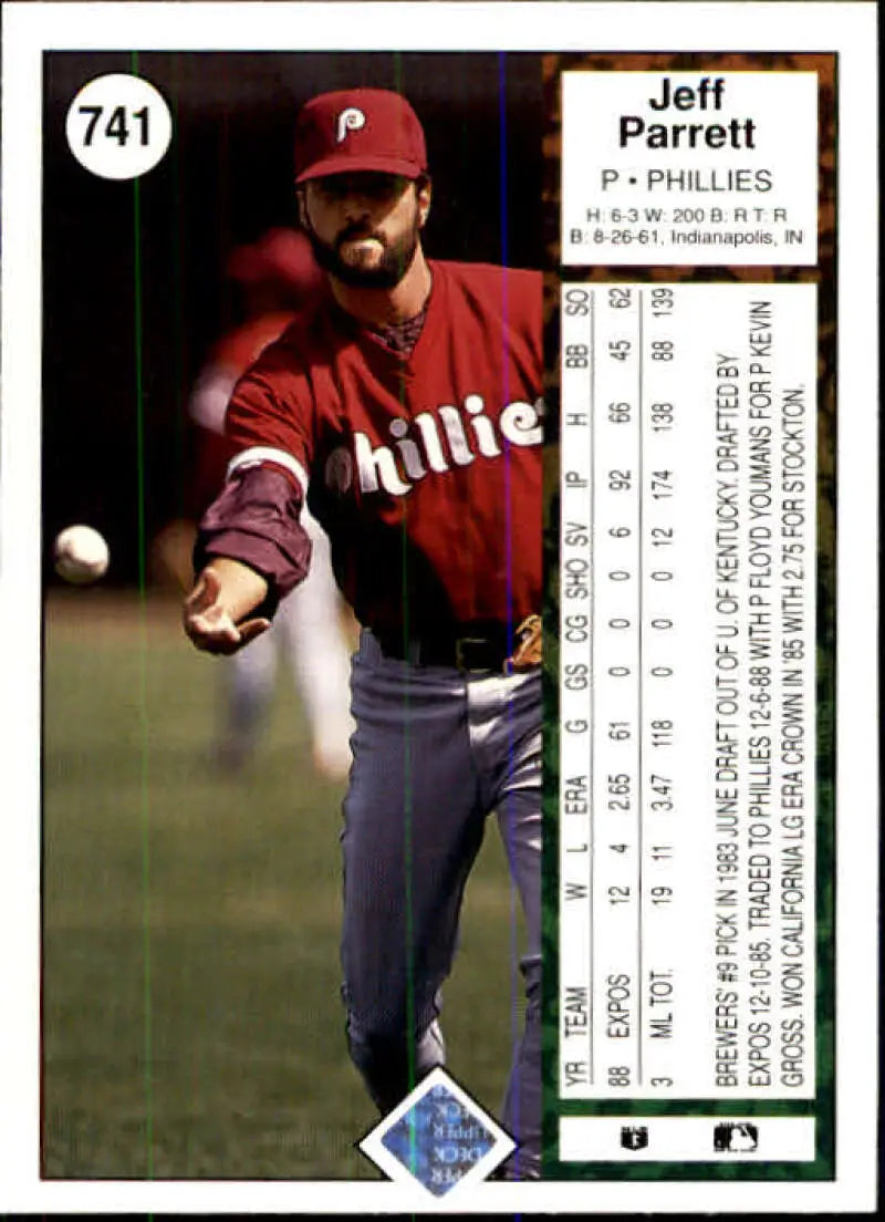1989 Upper Deck #741 Jeff Parrett NM-MT Philadelphia Phillies Baseball Card - Baseball Card Single