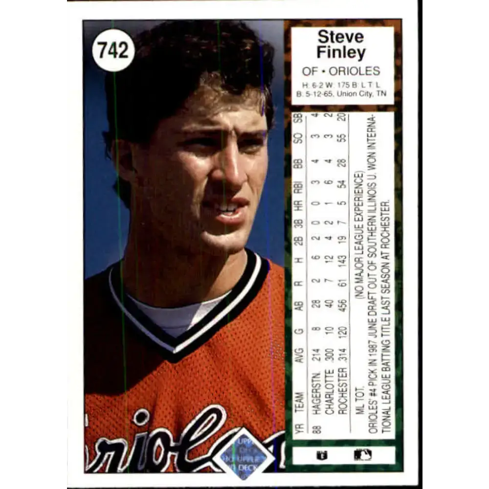 1989 Upper Deck #742 Steve Finley NM-MT RC Rookie Baltimore Orioles Baseball Card - Baseball Card Single