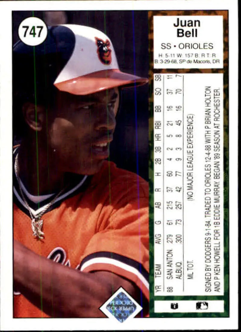 1989 Upper Deck #747 Juan Bell NM-MT RC Rookie Baltimore Orioles Baseball Card - Baseball Card Single