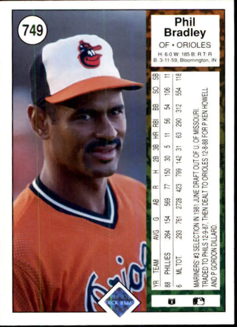 1989 Upper Deck #749 Phil Bradley NM-MT Baltimore Orioles Baseball Card - Baseball Card Single