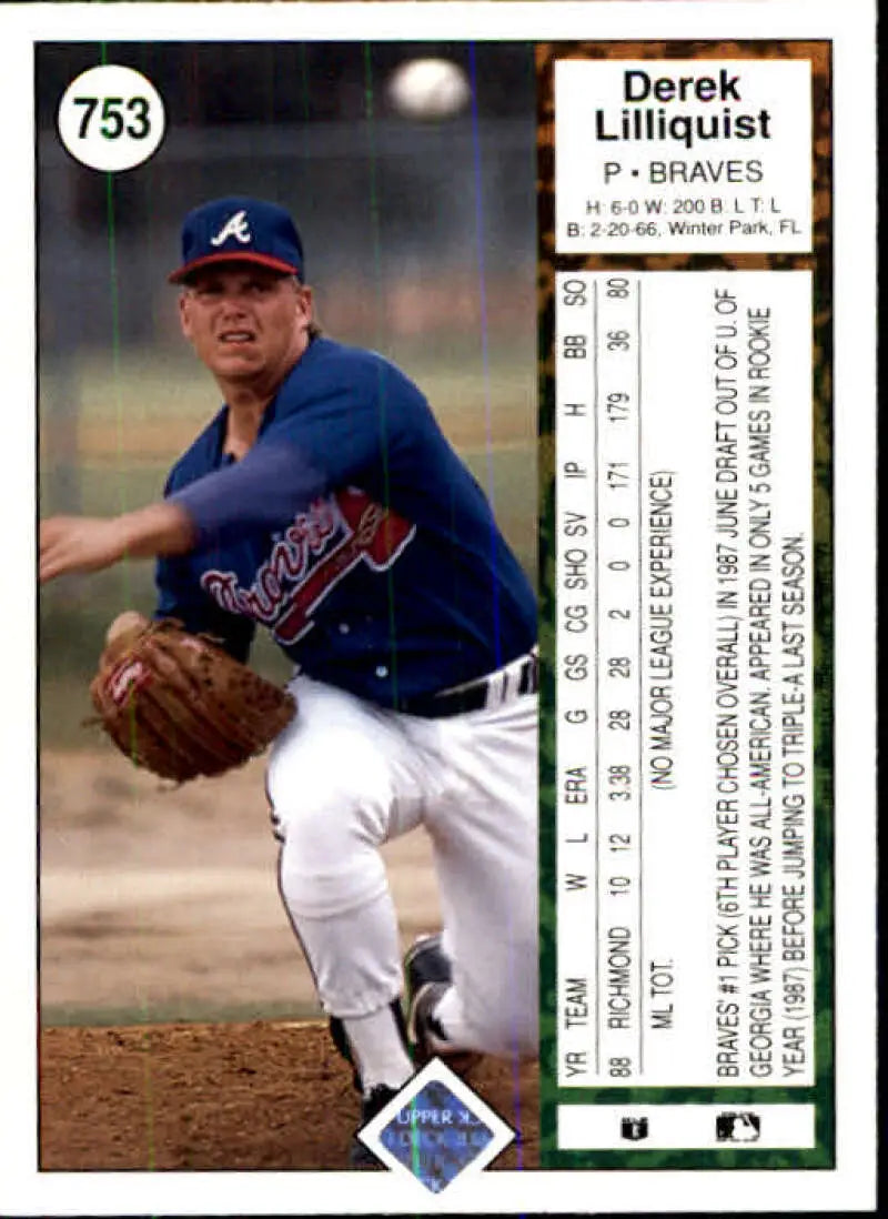 1989 Upper Deck #753 Derek Lilliquist NM-MT RC Rookie Atlanta Braves Baseball Card - Baseball Card Single