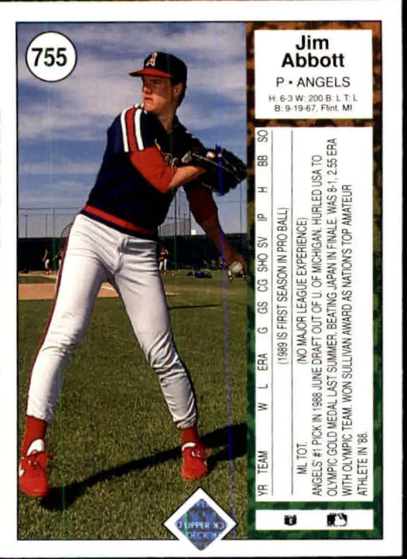 1989 Upper Deck #755 Jim Abbott NM-MT RC Rookie California Angels Baseball Card - Baseball Card Single