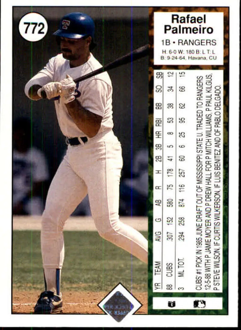 1989 Upper Deck #772 Rafael Palmeiro NM-MT Texas Rangers Baseball Card - Baseball Card Single