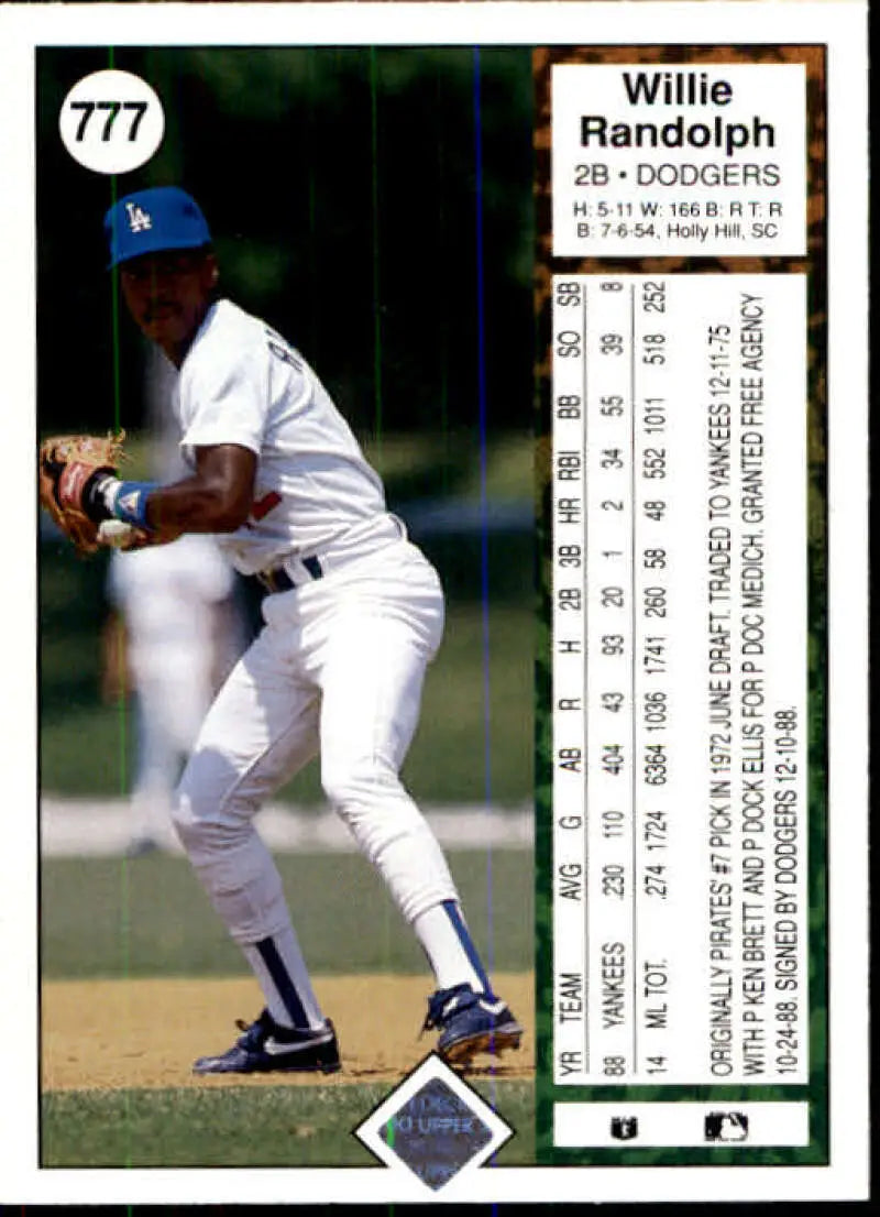 1989 Upper Deck #777 Willie Randolph NM-MT Los Angeles Dodgers Baseball Card - Baseball Card Single