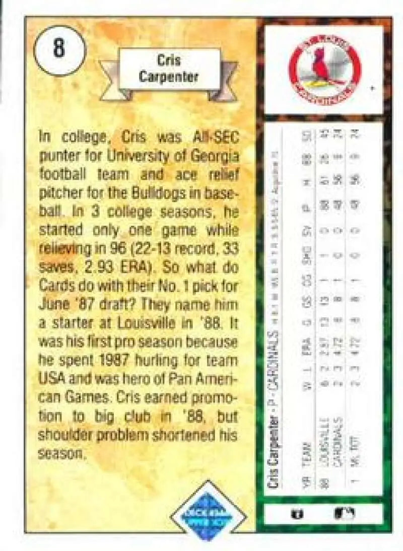 1989 Upper Deck #8 Cris Carpenter NM-MT RC Rookie St. Louis Cardinals Baseball Card - Baseball Card Single