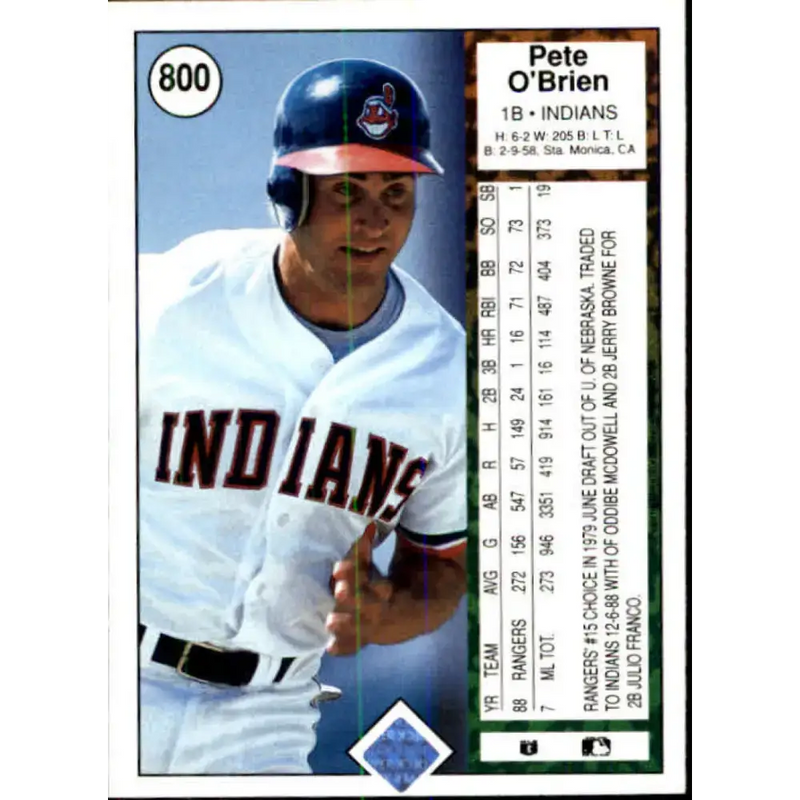 1989 Upper Deck #800 Pete O’Brien NM-MT Cleveland Indians Baseball Card - Baseball Card Single