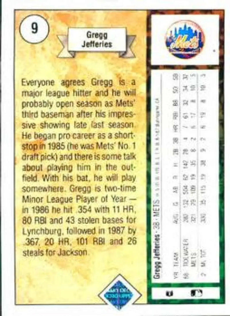 1989 Upper Deck #9 Gregg Jefferies NM-MT New York Mets Baseball Card - Baseball Card Single