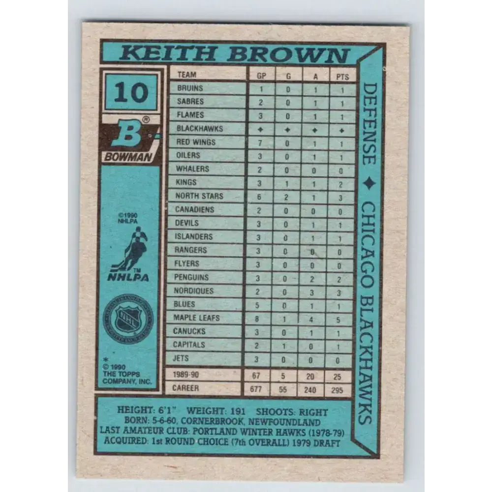 1990-91 Bowman #10 Keith Brown NM-MT Chicago Blackhawks Hockey Card - Hockey Card Single