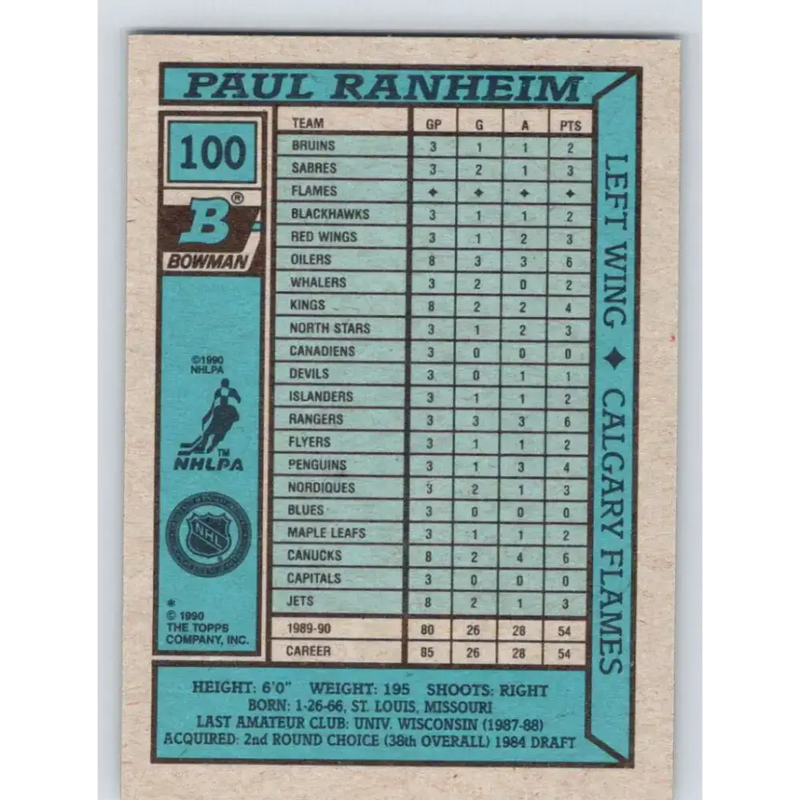 1990-91 Bowman #100 Paul Ranheim NM-MT RC Rookie Calgary Flames Hockey Card - Hockey Card Single