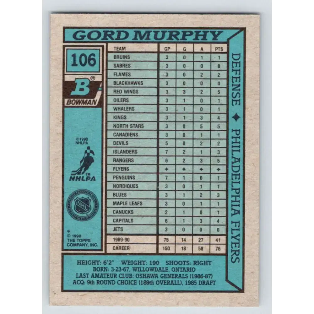 1990-91 Bowman #106 Gord Murphy NM-MT RC Rookie Philadelphia Flyers Hockey Card - Hockey Card Single