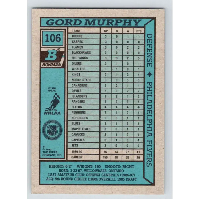1990-91 Bowman #106 Gord Murphy NM-MT RC Rookie Philadelphia Flyers Hockey Card - Hockey Card Single