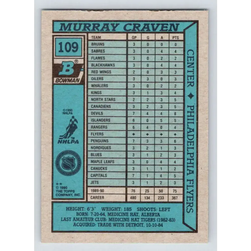 1990-91 Bowman #109 Murray Craven NM-MT Philadelphia Flyers Hockey Card - Hockey Card Single