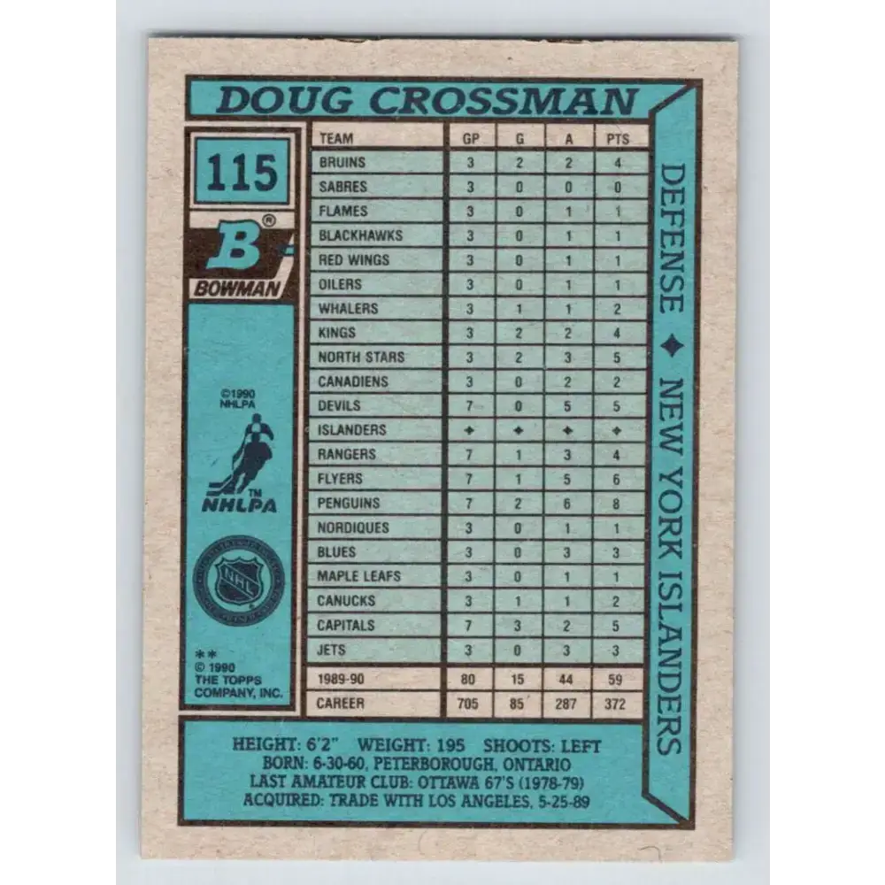 1990-91 Bowman #115 Doug Crossman NM-MT New York Islanders Hockey Card - Hockey Card Single