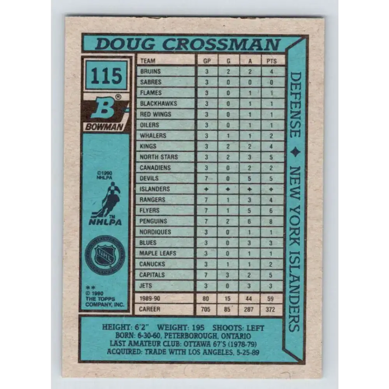 1990-91 Bowman #115 Doug Crossman NM-MT New York Islanders Hockey Card - Hockey Card Single