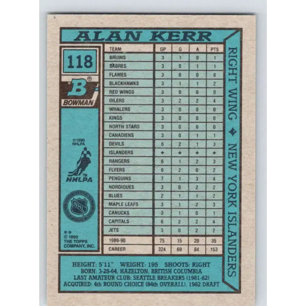 1990-91 Bowman #118 Alan Kerr NM-MT New York Islanders Hockey Card - Hockey Card Single