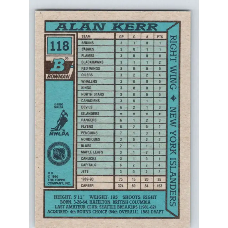 1990-91 Bowman #118 Alan Kerr NM-MT New York Islanders Hockey Card - Hockey Card Single