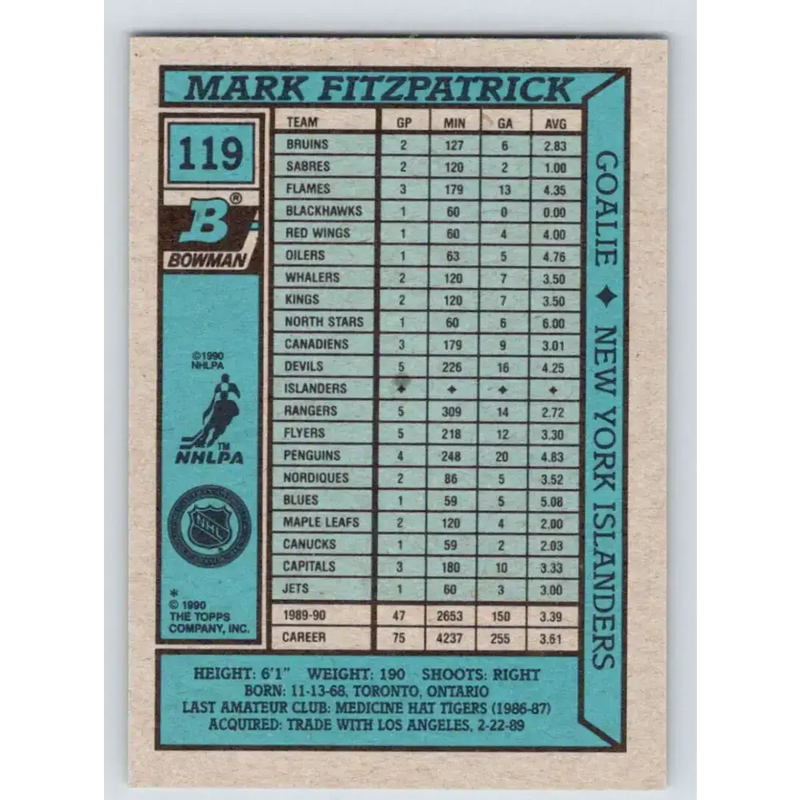 1990-91 Bowman #119 Mark Fitzpatrick NM-MT RC Rookie New York Islanders Hockey Card - Hockey Card Single