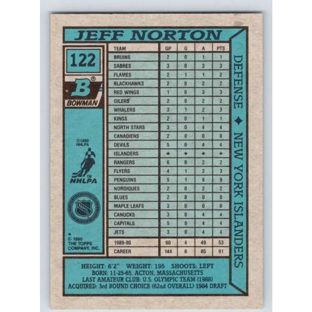 1990-91 Bowman #122 Jeff Norton NM-MT New York Islanders Hockey Card - Hockey Card Single