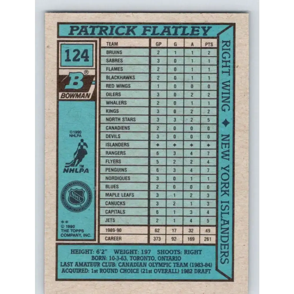 1990-91 Bowman #124 Pat Flatley NM-MT New York Islanders Hockey Card - Hockey Card Single
